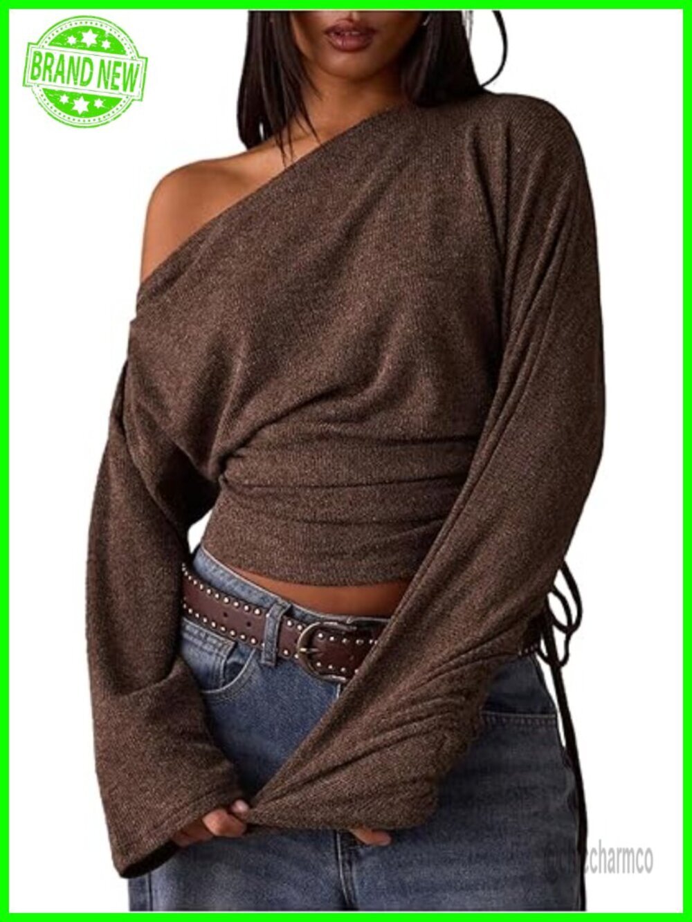 Off Shoulder Crop Top Drawstring Ruched Long Sleeve Ribbed Tee